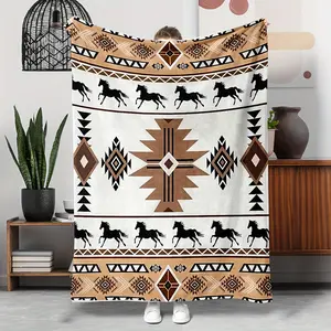 1Pc Aztec Running Horse Design Flannel Blanket, Suitable For Sofa, Bed, Office Nap, Outdoor Camping, Travel Throw, Extra Large Soft And Comfortable Tear-Resistant All-Season Ideal Gift For Friends And Family. Machine Washable, Hand Wash