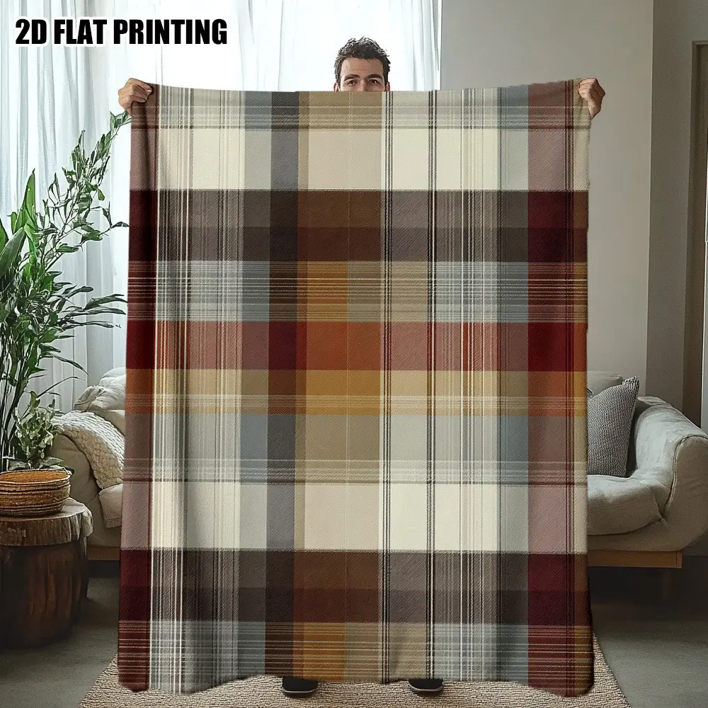 Soft Plush Flannel Tartan Plaid Blanket In Beige/Brown/Gray/Red Color Tartan, All-Season Cozy Throw for Indoor or Outdoor Use.