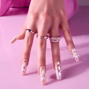 Gold Finger Glitzy 3D Handmade Press-On Nails – White Flower & Gem French (X-Long Square)