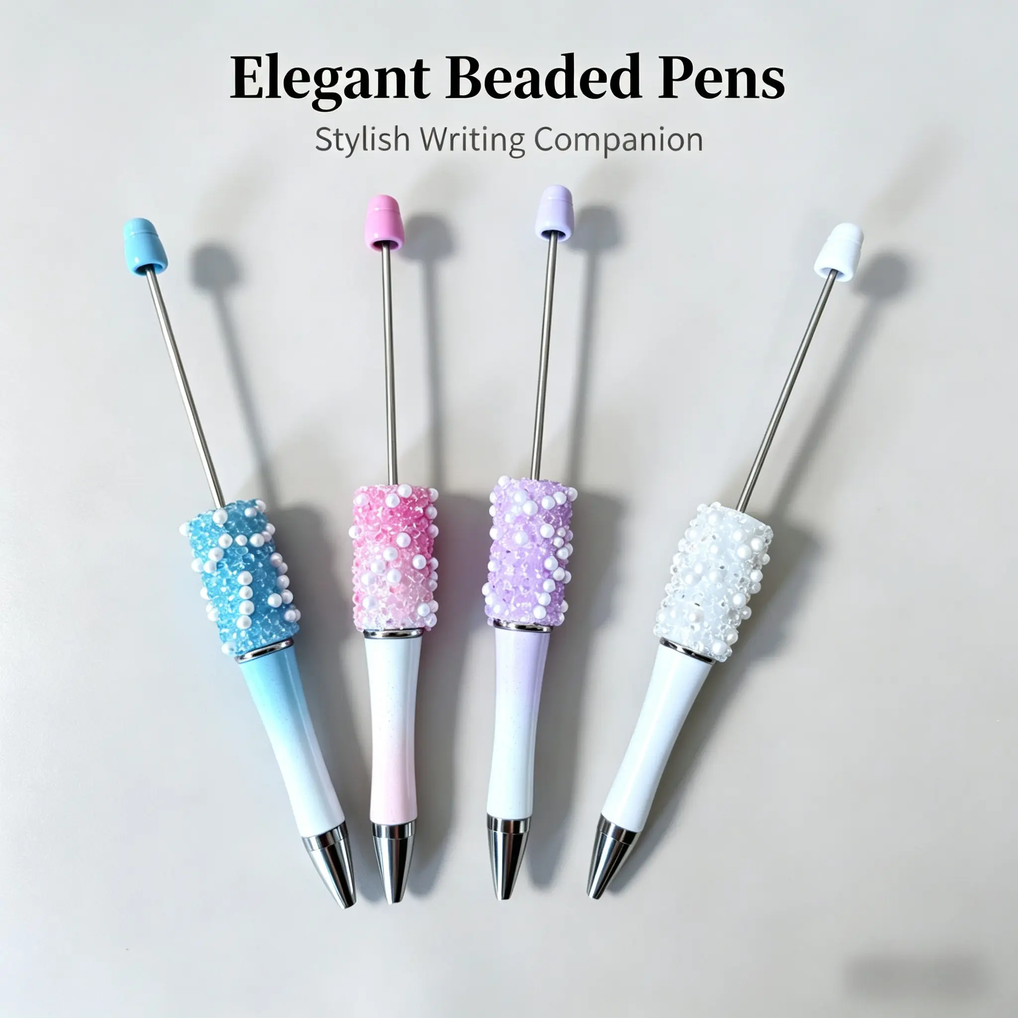 4-piece DIY bead pen set, creative stationery ballpoint pen, including pink, purple, blue, and white, unique bead pens, DIY supplies, study supplies, fashionable writing office supplies, Beaded Pens