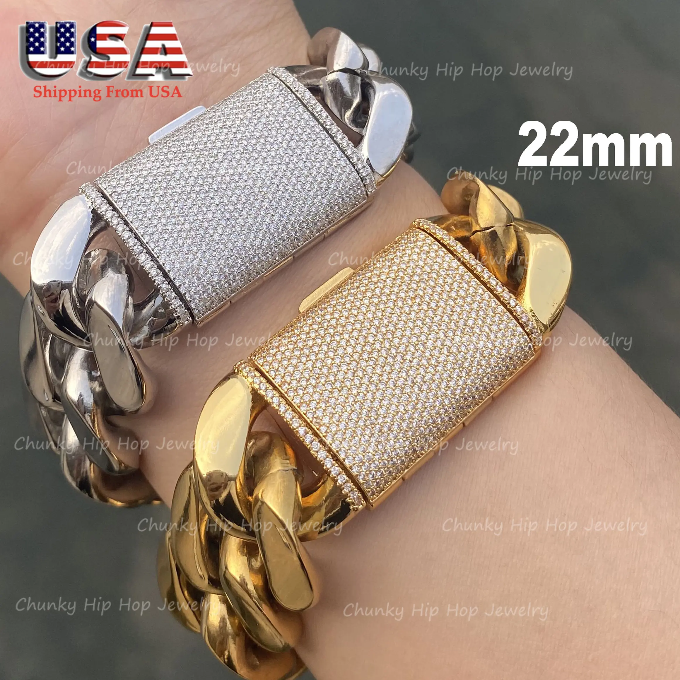 Elegant Miami Cuban Link Bracelet for Men & Women, Chunky 12-22mm Gold Toned Metal Chain in Hypoallergenic 316L Steel with Iced Out Clasp, Adjustable 7.5"-8.5", Bold 12/14/18/20/22Mm Width