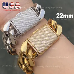 Chunky Chain Bracelet, 12-22mm Gold Toned Miami Cuban Link for Men & Women, 316L Stainless Steel with Iced Out Copper Clasp, Bracelet Wristband