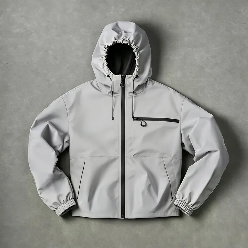 Men’s waterproof, windproof hooded jacket—a functional outdoor sports outerwear piece featuring a horizontal zipper chest pocket, an adjustable drawstring hood, and elastic cuffs; suitable for hiking and camping, as well as everyday commuting.