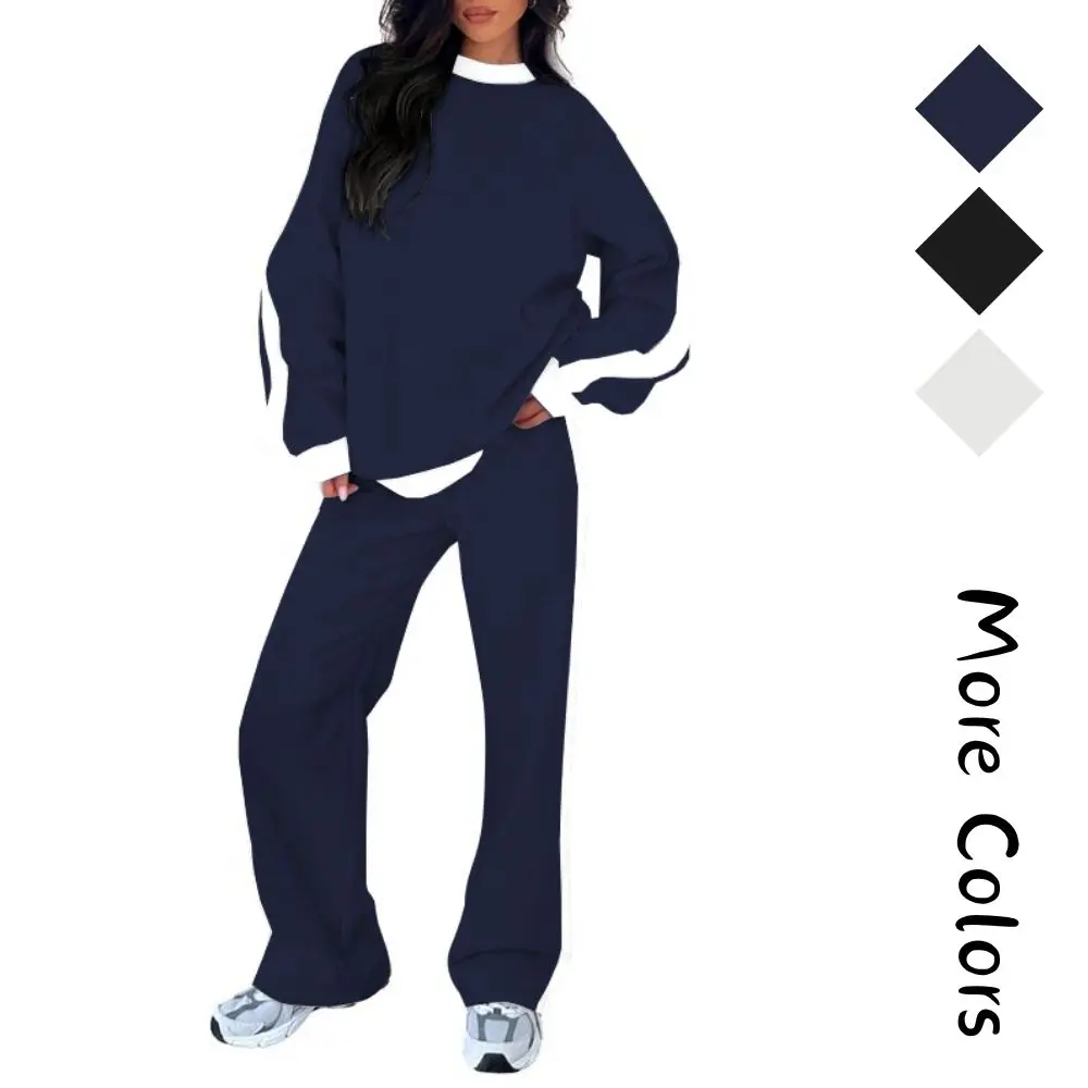 Women's 2 Piece Outfit Fleece Sweatsuit Casual Lounge Matching Sets Crewneck Loose Fit Cozy Sweatshirt & Straight Leg Sweatpants Color Blocking Chic Two-piece Set