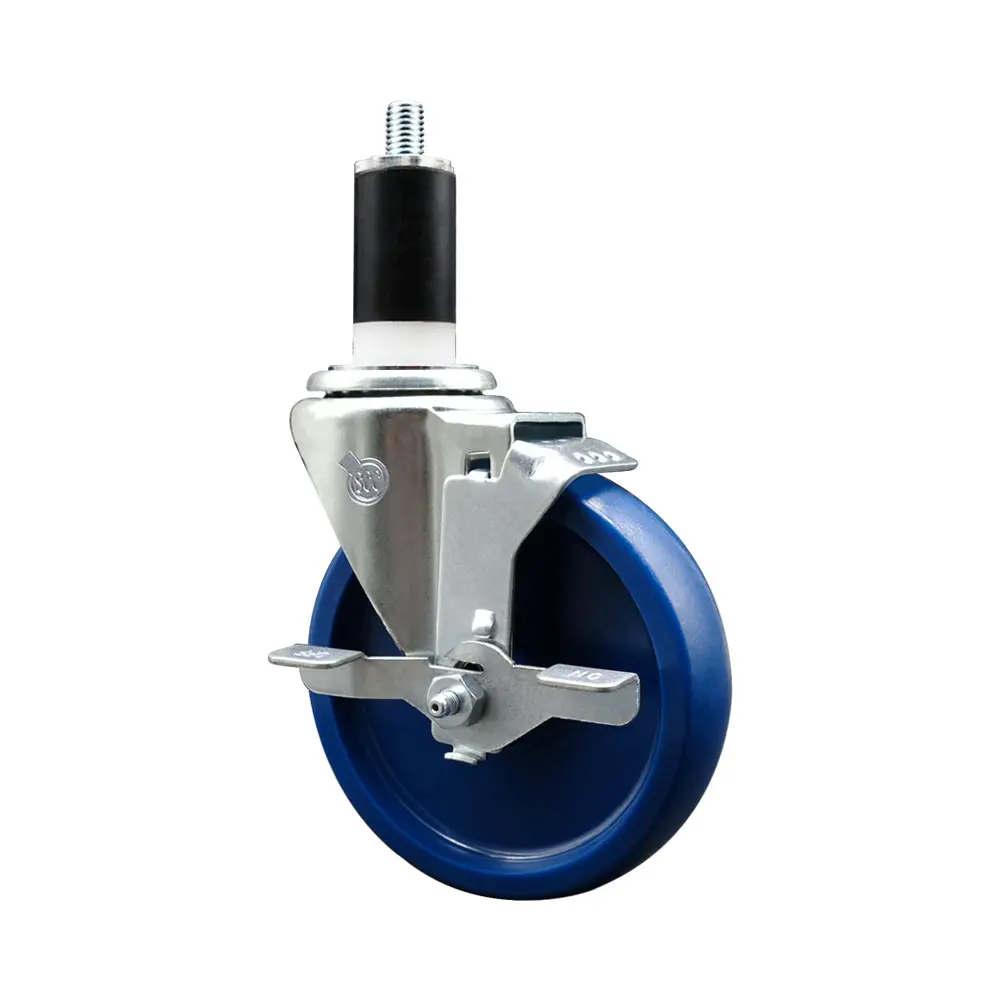 Service Caster SCC-EX20S514-SPUS-TLB-138 Heavy-Duty Swivel Caster with Solid Polyurethane Expanding Stem, 5 in. Blue Wheel, 1.38 in. Stem, Top Locking Brake, Lockable Wheels, Round/Square Series #20 for Shop Projects