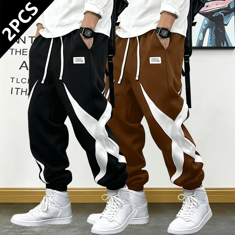 Men's 2-Pack All-Season Athletic Joggers Sweatpants - Trendy Colorblock Patch Unique Pattern, Elastic Drawcord Waistband, Tapered Cuffs, Customizable Fit, Ideal Gift for Men