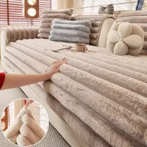 Rabbit Fur Plush Sofa Cushion Cover 1PC, Thick Soft Fluffy Couch Seat Pad, Non Slip Sofa Protector Mat for Dogs Cats, Washable Anti-Scratch Couch Cover Slipcover for Sectional L Shape Chaise, 1/2/3/4 Seater Living Room