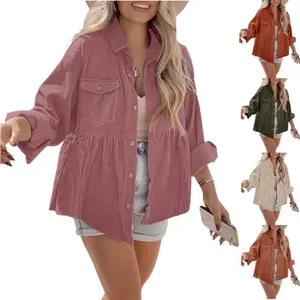 Lannew Womens Corduroy Peplum Shacket Jacket Long Sleeve Button Down Babydoll Shirts Oversized Casual Blouses Tops