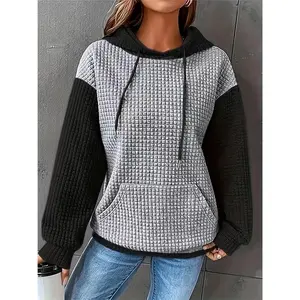 Women's Casual Waffle- Color-Block Hooded Sweatshirt - Relaxed Fit Long Sleeve Pullover with Drawstring Hood, Machine Washable Autumn Winter Fashion Top, Cute Sweatshirts, Autumn Apparel, Soft Fabric, Everyday Outfit, Waffle Design, Breathable Material