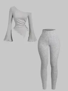 Two-Piece Set Women's Solid Ribbed Knit Long Sleeve Top & Wide Leg Pants Set, Casual Everyday Fashion Cozy Fitted Top & Trousers for Daily Outdoor Wear, Ladies Clothes for All Seasons, Suits, Fall outfit, Womenswear