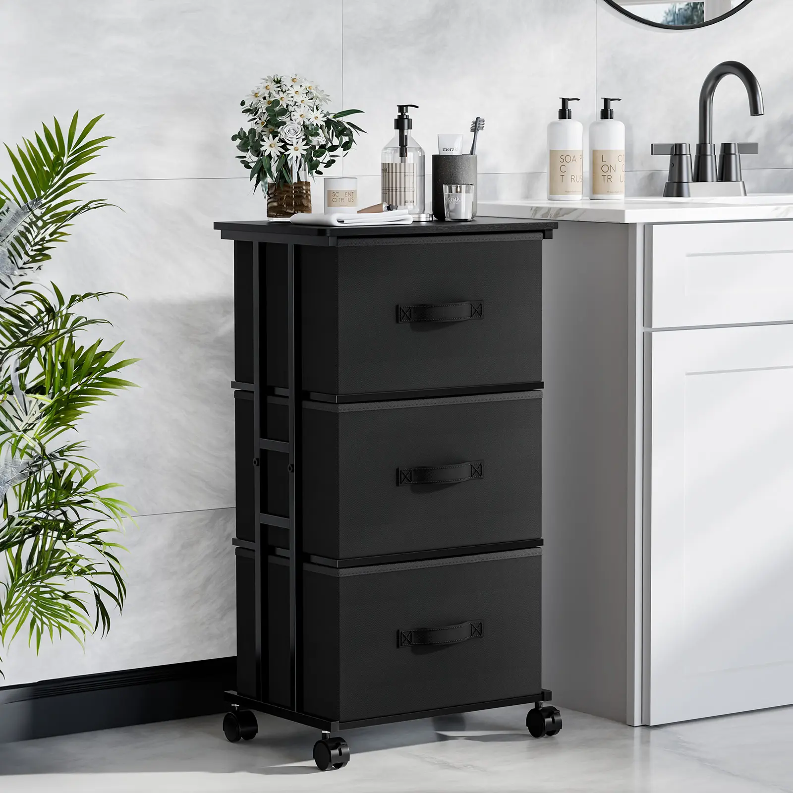 3-Drawer Rolling Furniture Organizer Cabinet with Wheels, Removable Fabric Bins, Sturdy Steel Frame for Bedroom, Office