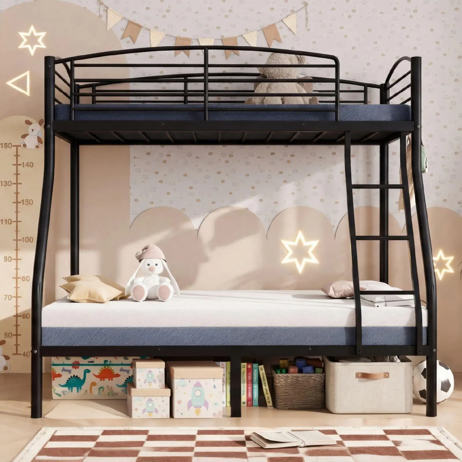 Gaomon Sturdy Twin-Over-Full Metal Bunk Bed - Secure Industrial-Style Heavy-Duty Frame, Guard Rails, Angled Ladder, Smooth Edges, Rounded Corners, Space-Saving Design, Ideal for Boys and Girls’ Small Bedrooms (Assembly Required)