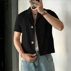 INCERUN Men's Korean Clean Fit Cropped Blazer - Shortsleeve Boxy Pinstripes Hybrid Top, Spring Summer Casual Office/Date Night Menswear (Pairs with Jeans)