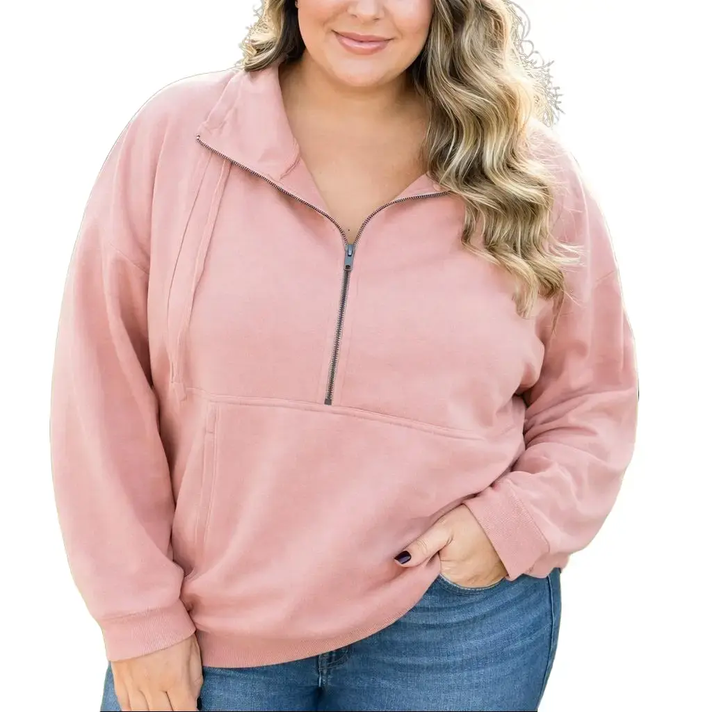 Women's Plus Size Sweatshirt, Stretchy Half-Zip Pullover with Kangaroo Pocket, Sporty Oversized Top with Ribbed Cuffs, Hoodie, Lady, Basic, Longsleeves, Plus Size Clothes, Fabric, Long Sleeve, Drawstring, Sweatshirts For Women, Piece, Fashion Apparel