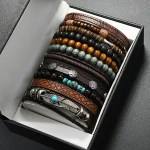 [MANA] 11Pcs Mixed Stackable Wooden Bead Bracelets Set Vintage Handmade Leaves Star Accent Wristwear Bohemian Multi-Layer PU Leather Woven Beading Bracelet Geometry Turquoise Adjustable Bangle Holiday Gift