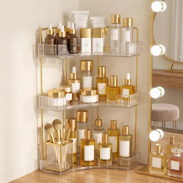 Space Saving 3 Tier Corner Desktop Beauty holder Storage Organizer, Sturdy Display Rack Holds Perfume, Skincare, Lipstick, Ideal Storage Shelf for Vanity  Table, Bathroom Counter and Pantry Sundries office desk supply countertop girl gift foldable