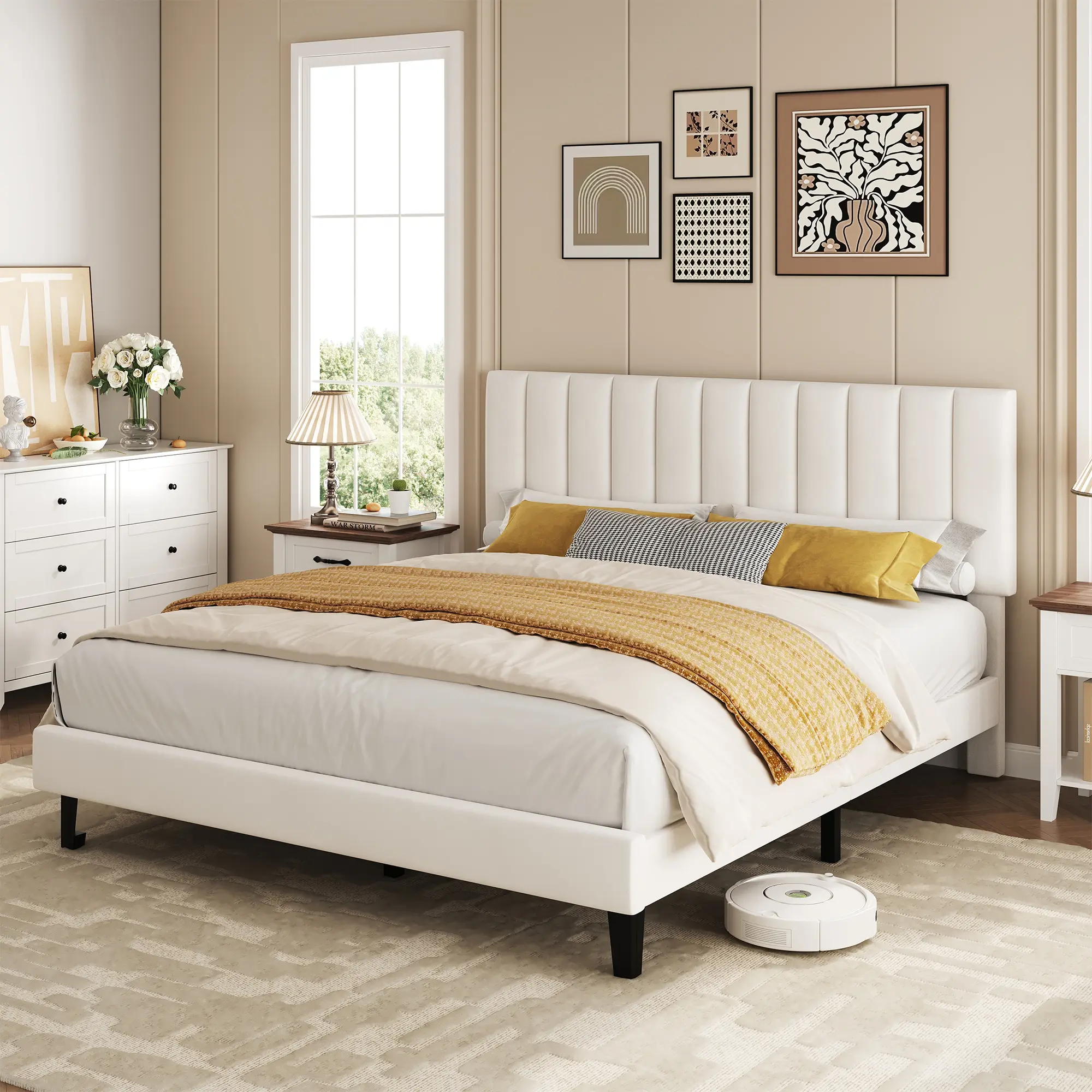 Upholstered Platform Bed Frame with Adjustable Height Vertical Channel Tufted Fabric Headboard, Sturdy Wooden Slats, Noise-Free Heavy Duty Base, Twin/Full/Queen Sizes - White,Pink,Green Modern Bedroom Comfortable & Sturdy Upholstered Bed Frames, Comfortab