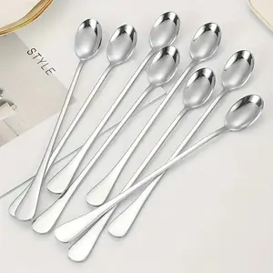 8pcs Stainless Steel Long Handle Stirring Spoons, Spoons Set, Kitchenware, Modern Minimalist Style, Heat Resistant Durable Integrated Design, Coffee Tea Lovers