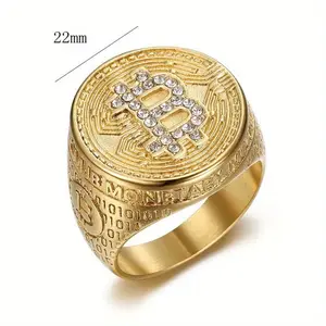New hip-hop HIPHOP titanium steel vacuum plating artificial water Bitcoin men's ring