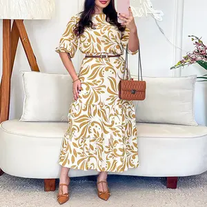 ChicMe Women's 2 Pieces Outfit Floral Print Puff Sleeve Crop Top and Casual High Waist Wedding Guest Ruffles Midi Skirt Wedding Set（Without Belt）