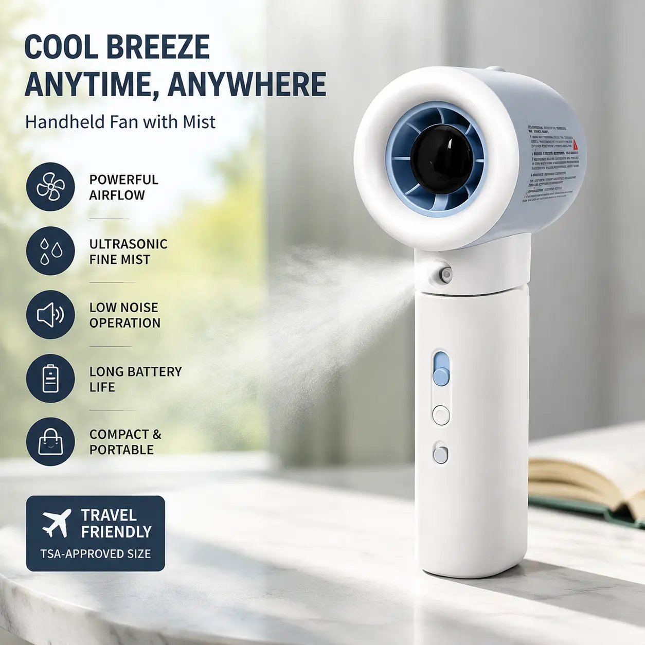 Rapid Cooling Nano Ice Mist Fan. Portable, High-Speed ​​Nano Ice Mist Fan for Outdoor Use—With Adjustable Angle.