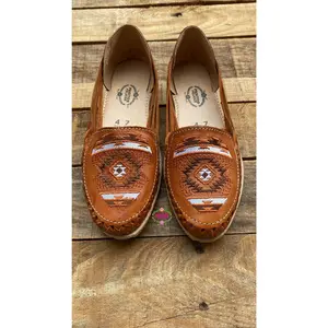 Tan Tribal Embroidered Flats - Leather Footwear for Women, Comfortable Design, Ideal for Walking, Running, and Comfort