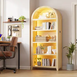 FREDEES Arched Bookshelf - 5-Layer Indoor Thick Wooden Shelf with 3-Color LED Sensor Lights, Books & Storage Solution, Ideal for Living Room Decor