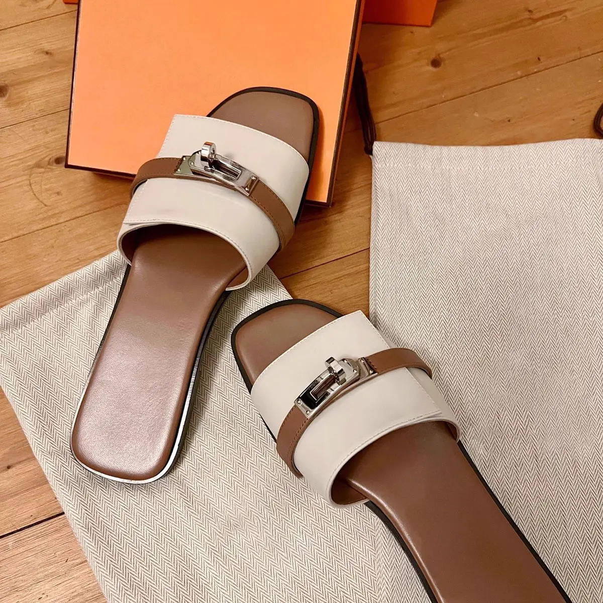 2025 French Buckle Leather Slide Sandals - Women's Minimalist Metal-Accent Mules |   Genuine Leather Flat Summer Slides |   Trendy Dressy Slippers for Outfits Footwear Walking Shoes
