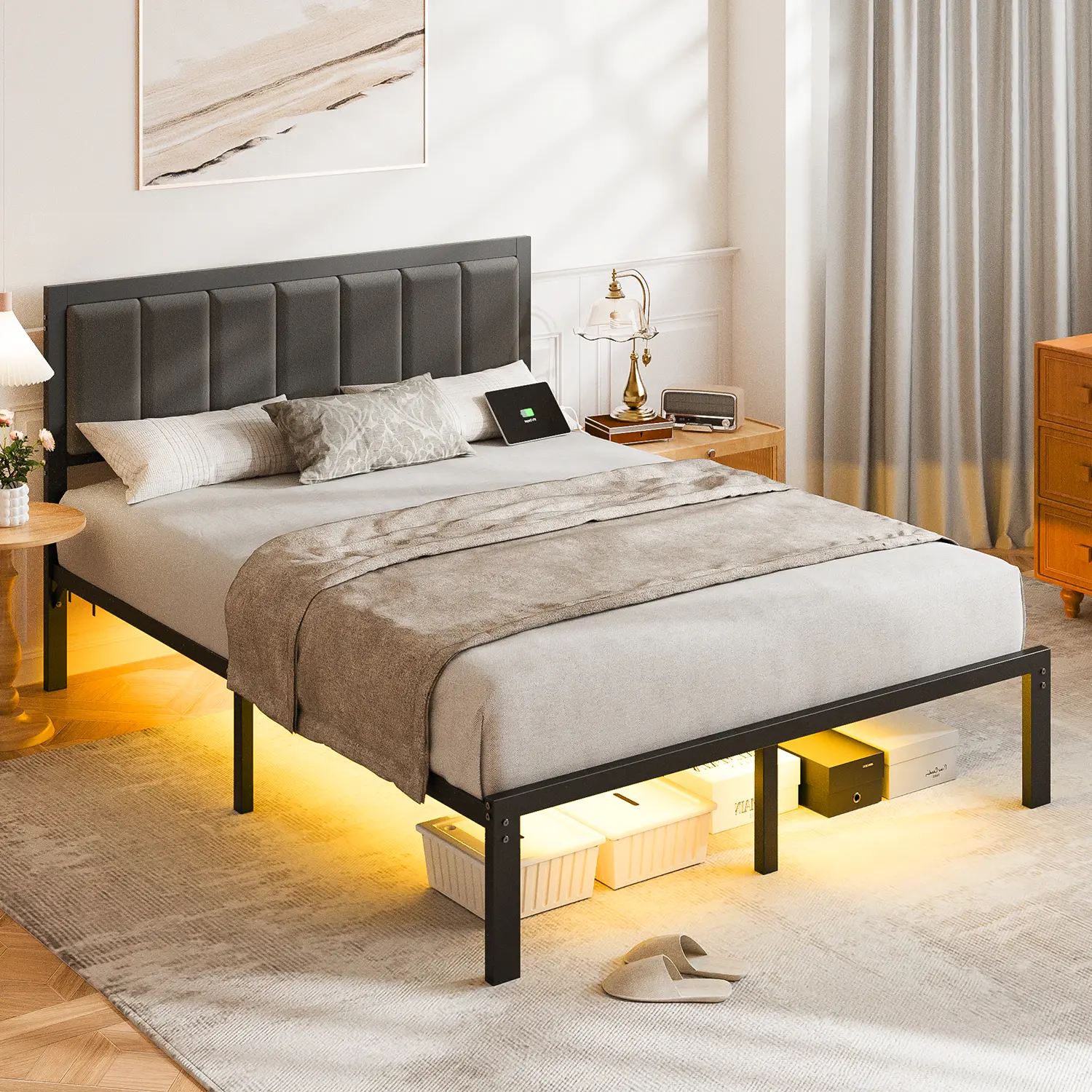 DAYAGO Modern Metal Platform Bed Frame with Upholstered Headboard, LED Lights, USB Charging Station, Black Finish - No Box Spring Needed, Small Unique Stable Bedroom Furniture (Twin, Full, Queen Sizes: Upholstered, Twin, Full Size, Queen Options), Full Si