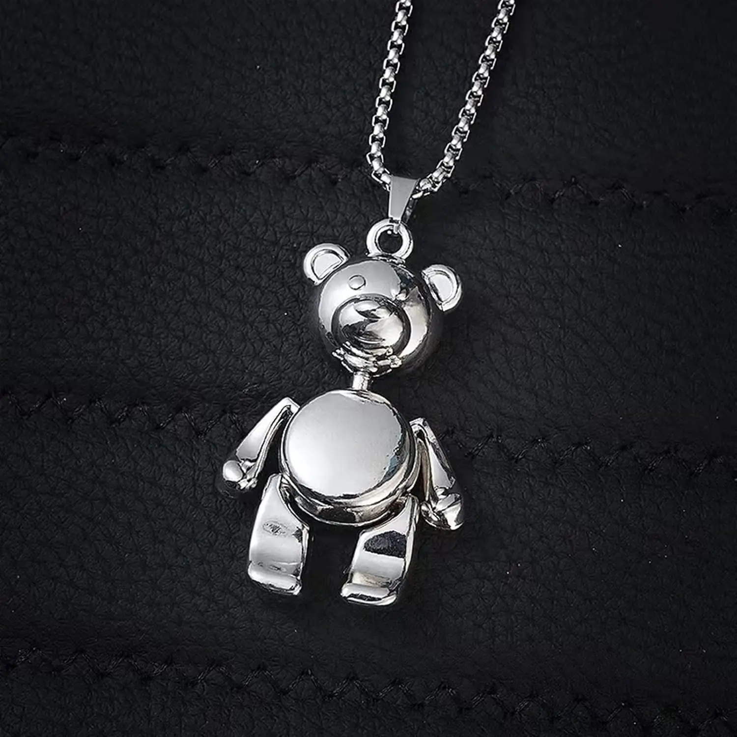 Movable Animal Teddy Pendant Necklace - Stainless Steel 27in (70cm) Long Chain, High-Polish Finish, Secure Lobster Clasp - Daily Fashion Jewelry for Casual Outings (1.5in (h) x 0.8in (w)), 1.5 Inches (H) X 0.8 Inches (W), 27 Inches (70Cm)