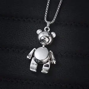 Movable Teddy Pendant Necklace - Stainless Steel Long Chain Fashion Sport - High-Quality Polished Finish & Secure Lobster Clasp - Perfect for Casual Outings