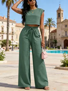 Women’s Linen 2 Piece Set, Sleeveless Crop Top & Wide Leg Pants, Drawstring Waist, Summer Vacation, Beach Resort Wear, Effortless Chic Style