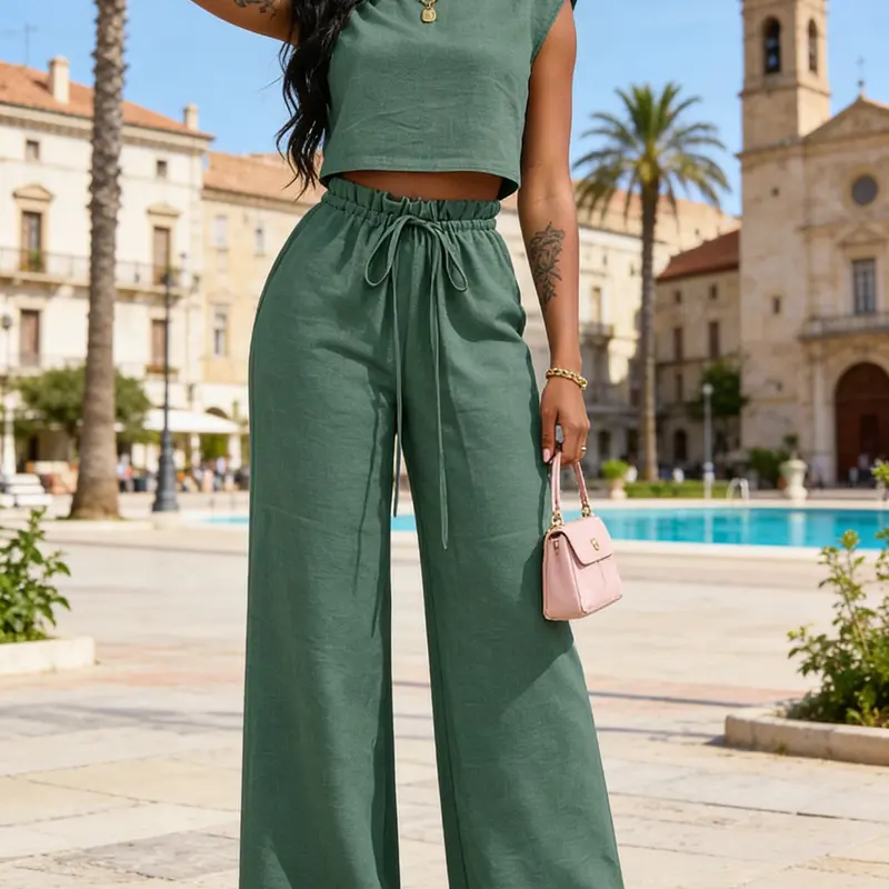 Women's Linen Breathable 2 Piece Set, Sleeveless Crop Top & Wide Leg Pants, Drawstring Waist, Summer Vacation, Beach Resort Wear, Effortless Chic Style