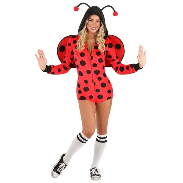 HalloweenCostumes Women's Ladybug Costume Romper, Plush Spandex Clothes with Zipper, Festive Party Accessories