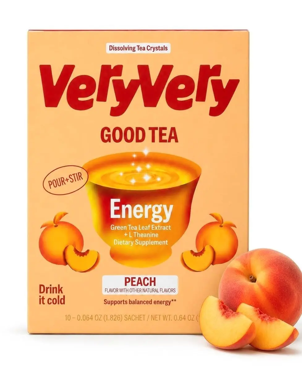 VeryVery Good Tea Crystals - Sweet Peach Energy Tea with Green Tea Caffeine + L-Theanine, Sugar Free Drink Mix, No Jitters, Hot or Cold Single Serve Sachets, 10 Pack
