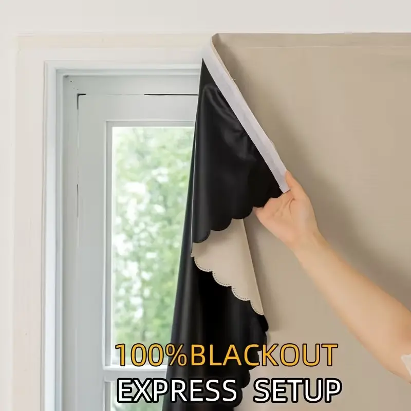 1pc 100% Total Blackout Curtain, Blackout Window Cover, Punch-Free Velcro, Bedroom Bay Window Sun Protection & Heat Insulation, Self-Adhesive Easy Install
