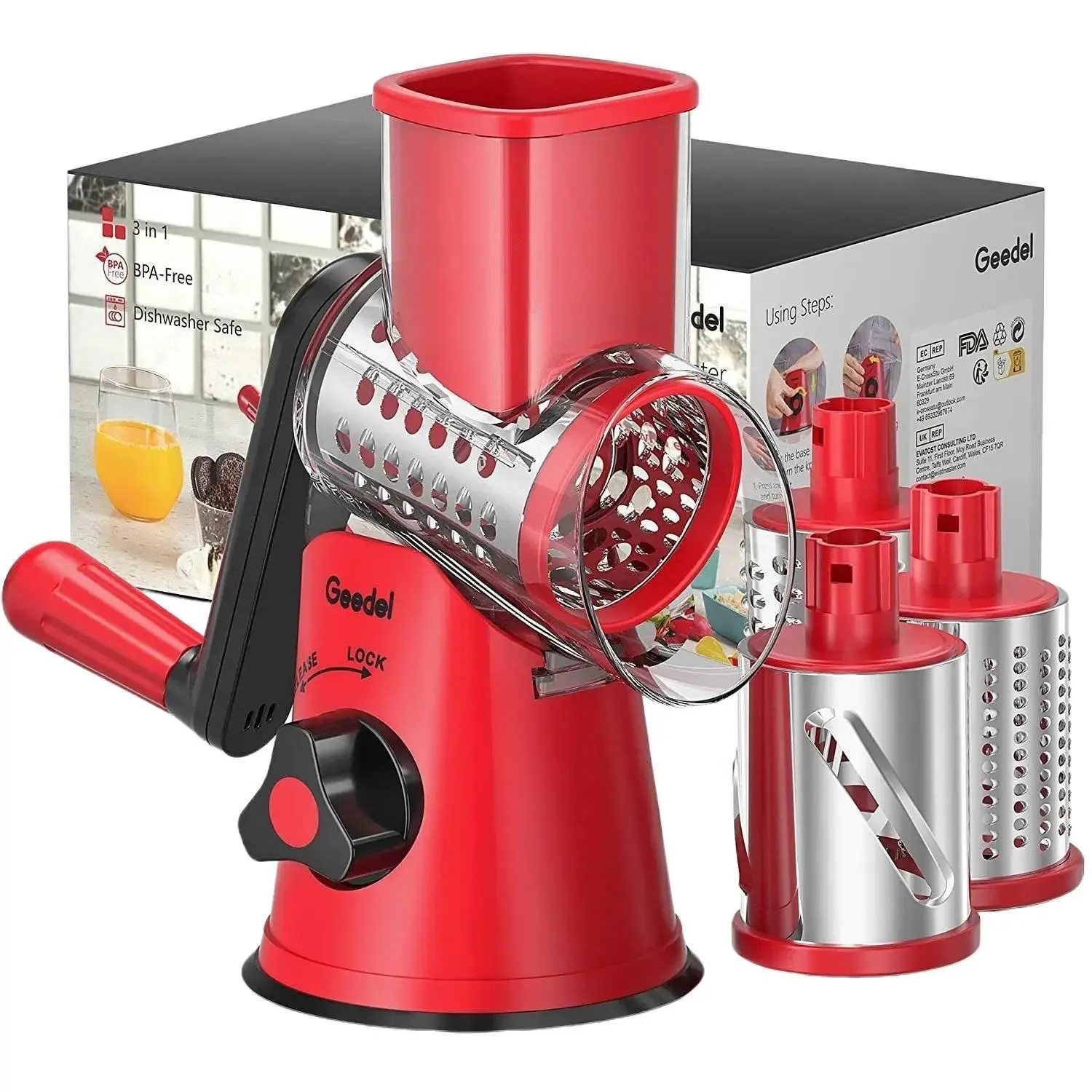 Geedel Rotary Cheese Grater, Kitchen Mandoline Vegetable Slicer with 3 Interchangeable Blades, Easy to Clean Grater for Fruit, Vegetables, Nuts GDL