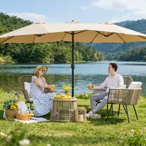 【Crazy Price】Yaheetech 2026 New 15/13ft Heavy Duty Canopy Double Layer Cloth Patio Umbrella with 12 Ribs Hand Crank for Easy Opening 2 Sandbags Outdoor Design for Garden Pool and Lawn