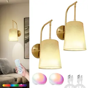 [Spring Glow Up] Battery Operated Wall Sconce Set of 2 with Remote Control, Rechargeable Dimmable 15 Color LED Wall Light, Not Wires Fabric Shade Light Fixture for Bathroom Living Room Mirror,Cozy Christmas Glow​ - Warm White Wall Light for Holiday Nights