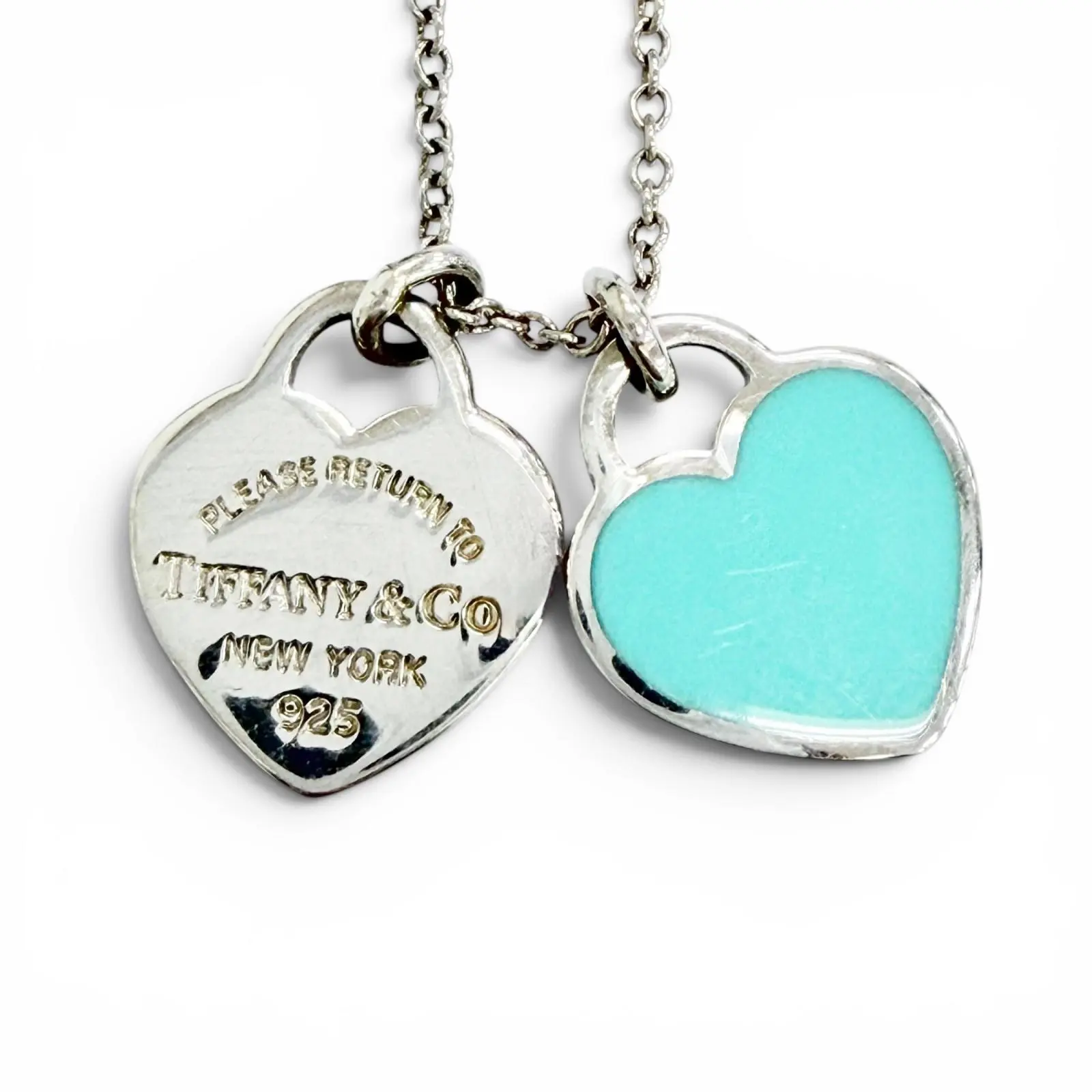 Pre-owned Tiffany & Co. Sterling Silver 925 (Ag925) Small Leather Goods Mini Double Heart Tag AG925 Necklace