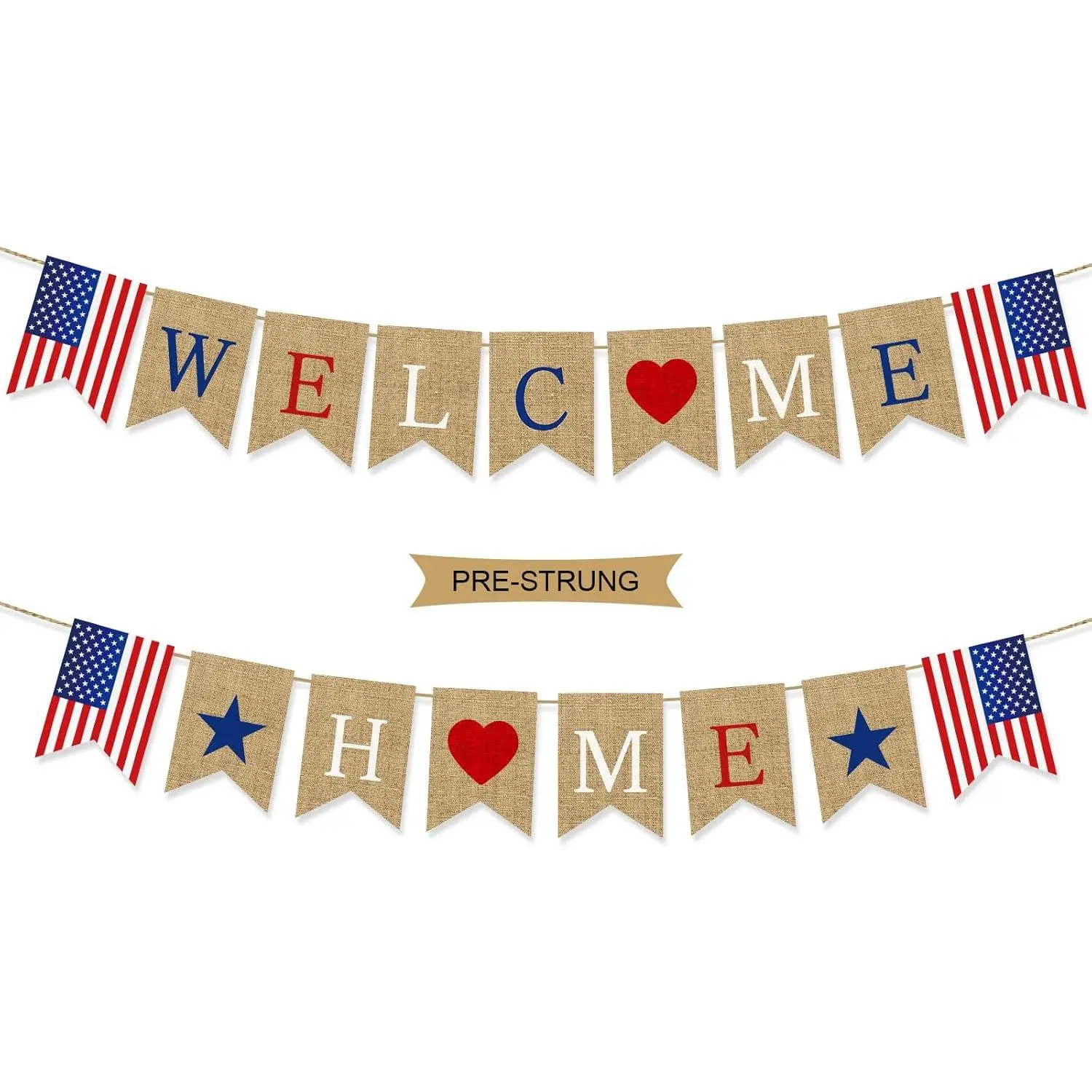 Pre-Strung Burlap Patriotic Welcome Home Banner - Military Backdrop for Army-Navy Homecoming, Housewarming Decorating, Hearts-Themed Gift