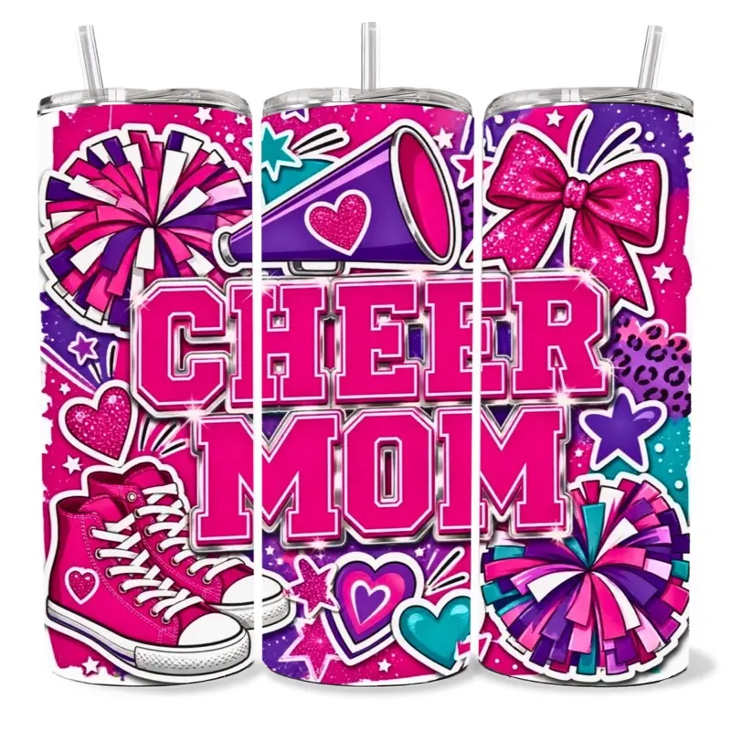 Cheer Mom 20 oz Tumbler - BPA Free, Stainless Steel, Leak Proof, Clear Lid, Includes Straw
