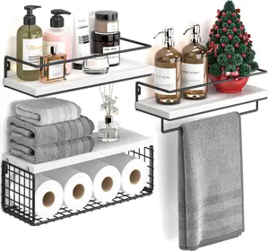 3+1 Bathroom Shelves Over Toilet with Wire Storage Basket - Wall-Mounted Shelves with Towel Bar - Versatile Storage Solution for Bathroom, Kitchen, Bedroom, Living Room, and Office - White Finish.