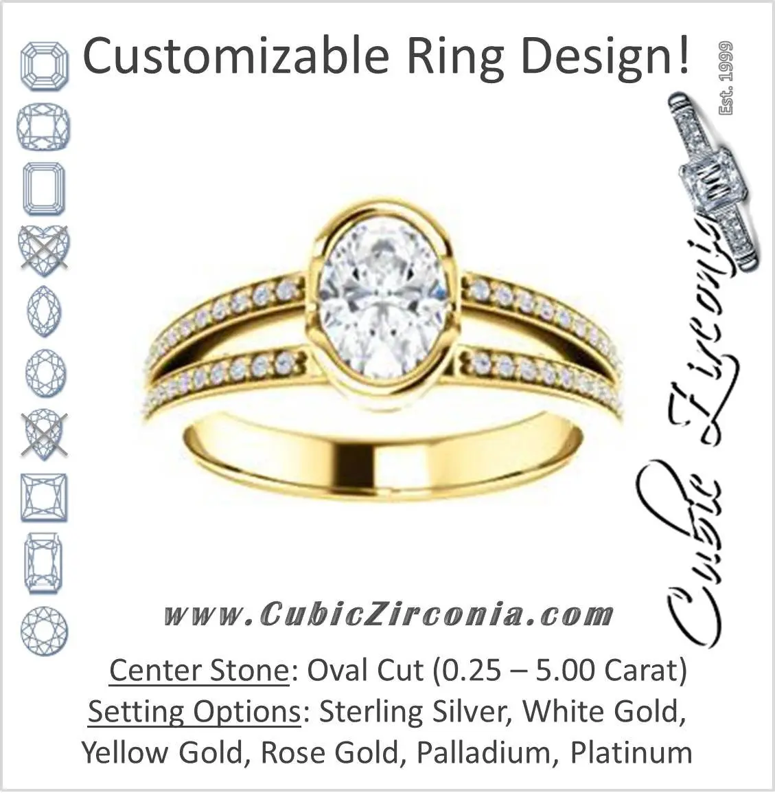 Cubic Zirconia Engagement Ring- The Monami (Customizable Bezel Oval Cut with Split-pavé Band Accents & Euro Shank)