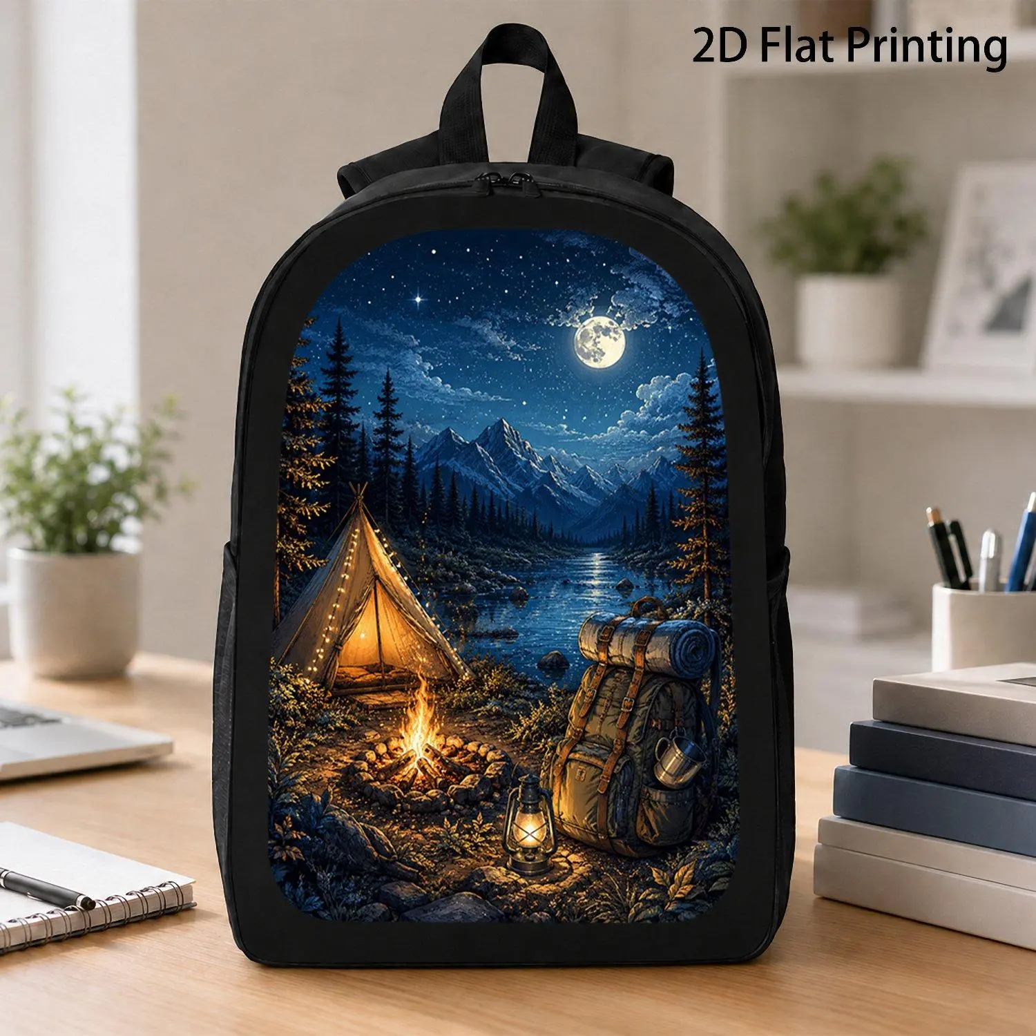 [17 Inch Backpack] 1pc Night Mountain Campfire Nature Print Backpack Vintage Wilderness Hiking Backpack Outdoor Adventure Graphic Backpack For Travel School Camping