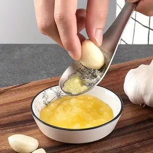 1Pc, Grinders, Stainless Steel Ginger Grinding Spoon, Garlic Puree Divine Tool, Manual Mashing of Garlic, Mashed Garlic, Garlic Mince, Household Good Product, Ginger Press Masher, Garlic Grater, Kitchen Tools