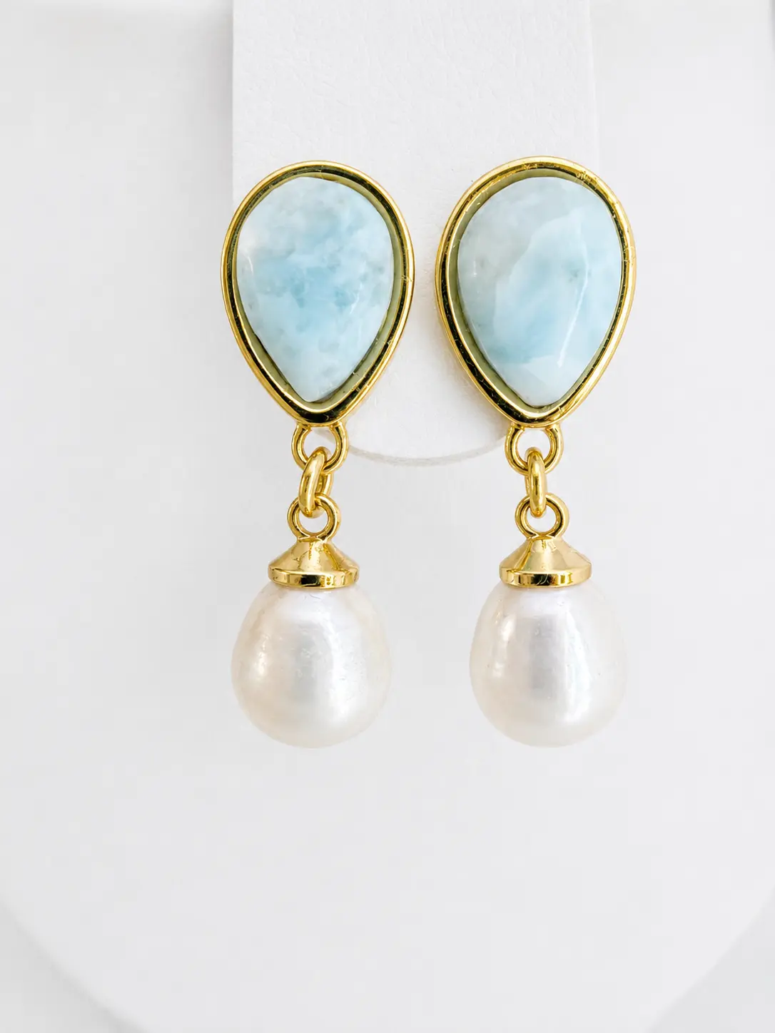 Genuine Dominican Larimar & Freshwater Pearl Drop Earrings – Waterproof Luxury Everyday Jewelry