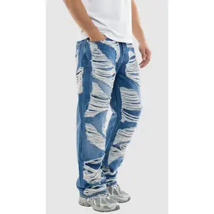 Men’s Heavy Distressed Baggy Jeans – Urban Streetwear Shredded Wide Leg Denim
