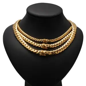 Gold Encrypted Cuban Chain Necklace | Copper Flat Secure Clasp | Multi-Size & Multi-Width Options | Minimalist Hip Hop Necklace for Gifting & Daily Wear