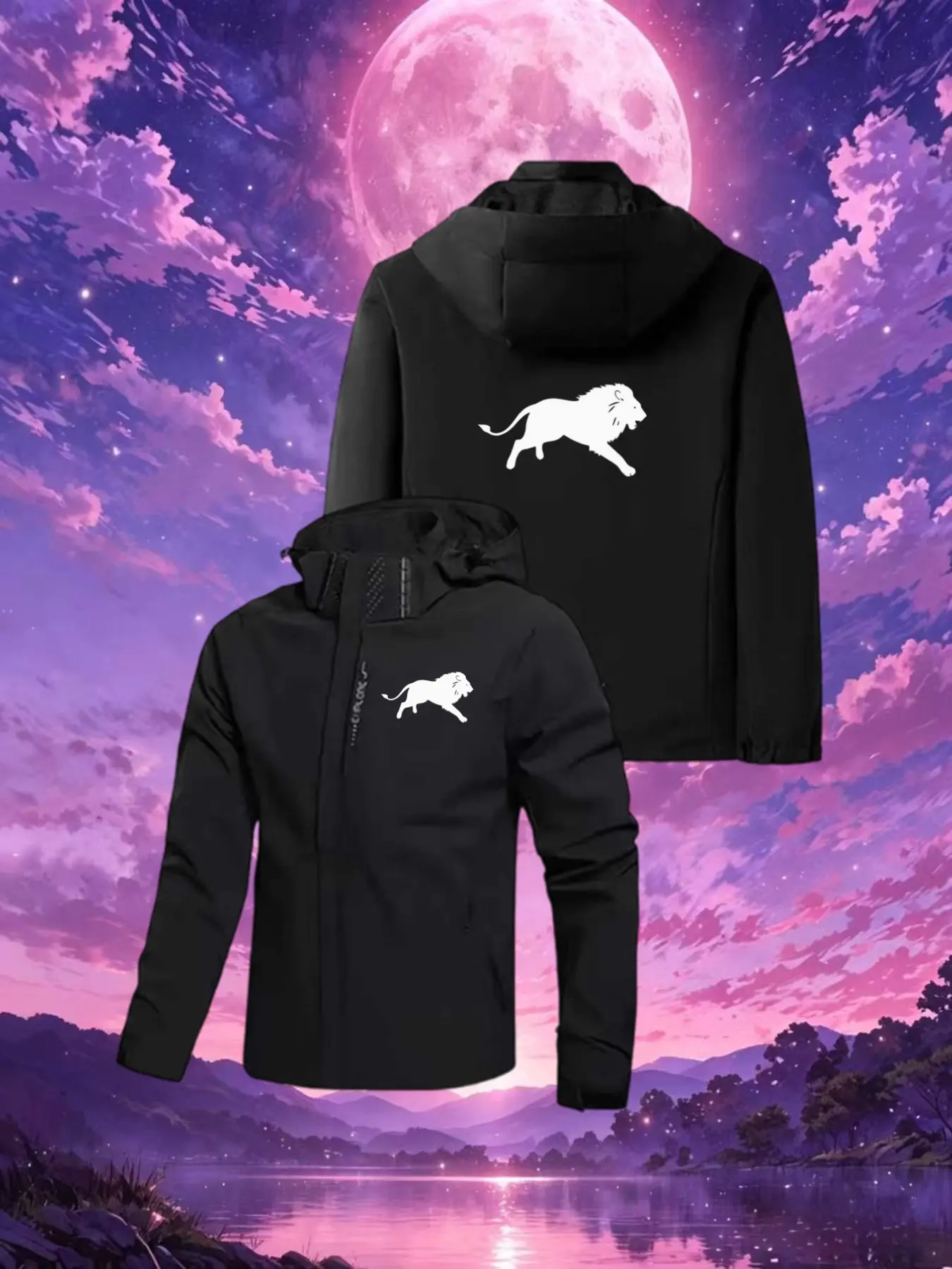 Trendy Lion Shadow Print Hooded Jacket, High Street Style Functional Raincoat, Unisex Loose-Fit Fashion Outerwear